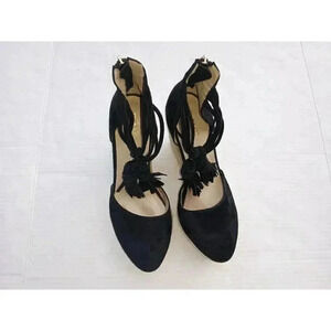 Raye Womens Dixie Espadrilles Heel Black Suede Tassel High Almond Toe Zipper 7